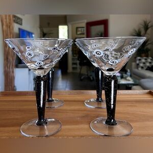 4 Murano Millefiori Black/White Martini Glasses Pristine Condition